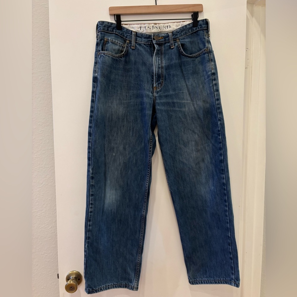 Vintage Lands’ End classic durable men’s Blue Denim relaxed fit Jeans 34x30